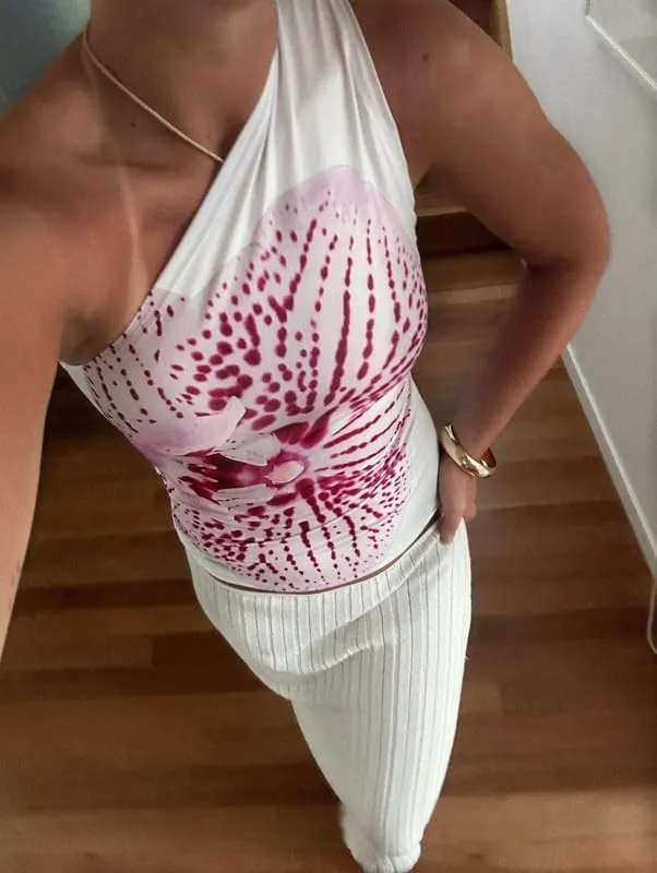 Women Y2k Floral Tank Top One Shoulder Graphic Top Backless Sleeveless Slim Fit Going Out Camisole Cute Streetwear