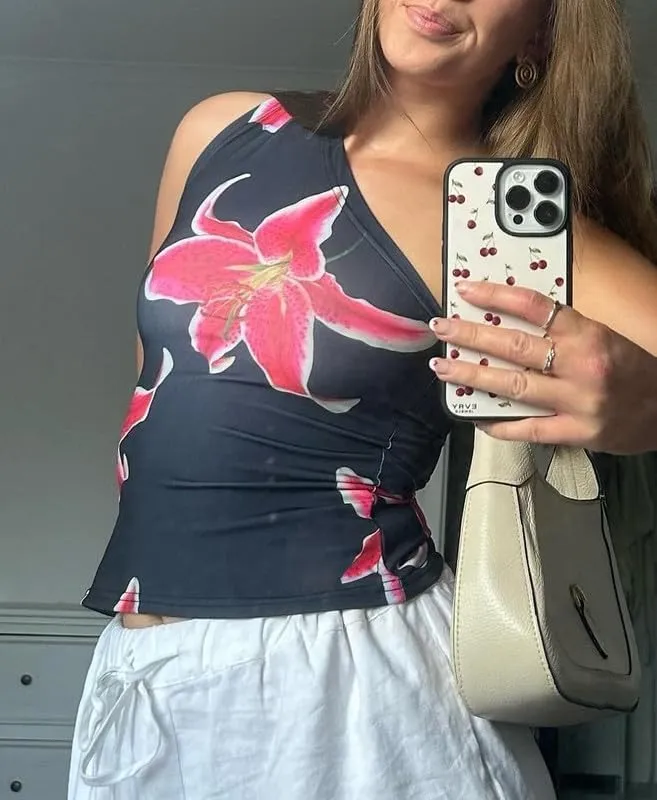Women Y2k Floral Tank Top One Shoulder Graphic Top Backless Sleeveless Slim Fit Going Out Camisole Cute Streetwear
