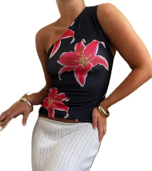 Women Y2k Floral Tank Top One Shoulder Graphic Top Backless Sleeveless Slim Fit Going Out Camisole Cute Streetwear