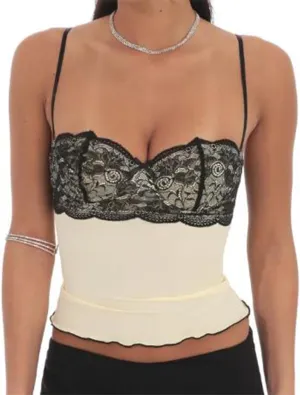 Women Y2K Lace Floral Camisole Sleeveless Spaghetti Strap Slim Fit Crop Top Aesthetic Lace Trim Ruffle Hem Tank Top
