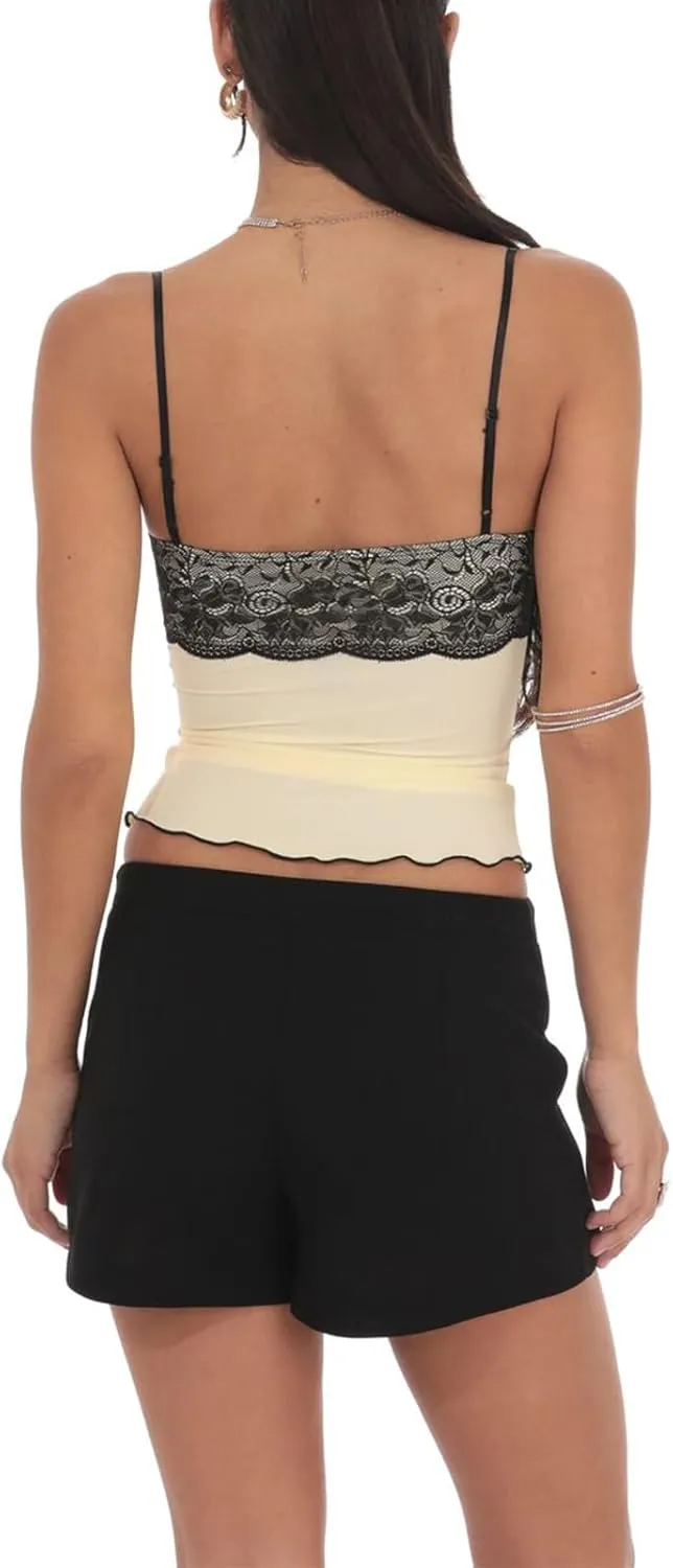 Women Y2K Lace Floral Camisole Sleeveless Spaghetti Strap Slim Fit Crop Top Aesthetic Lace Trim Ruffle Hem Tank Top