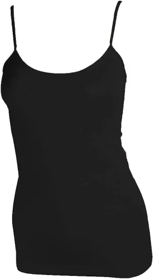 Women's Basic Stretch Camisole Tank Top Spaghetti Strap Long Plain Cami Black