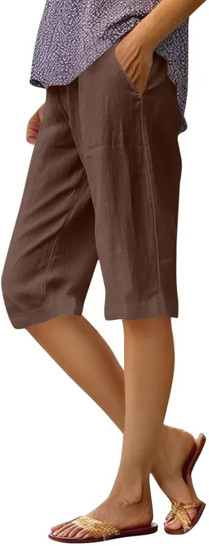 Women's Bermuda Shorts Cotton Linen Knee Length Shorts Casual Loose Lightweight Summer Beach Pants with Pockets
