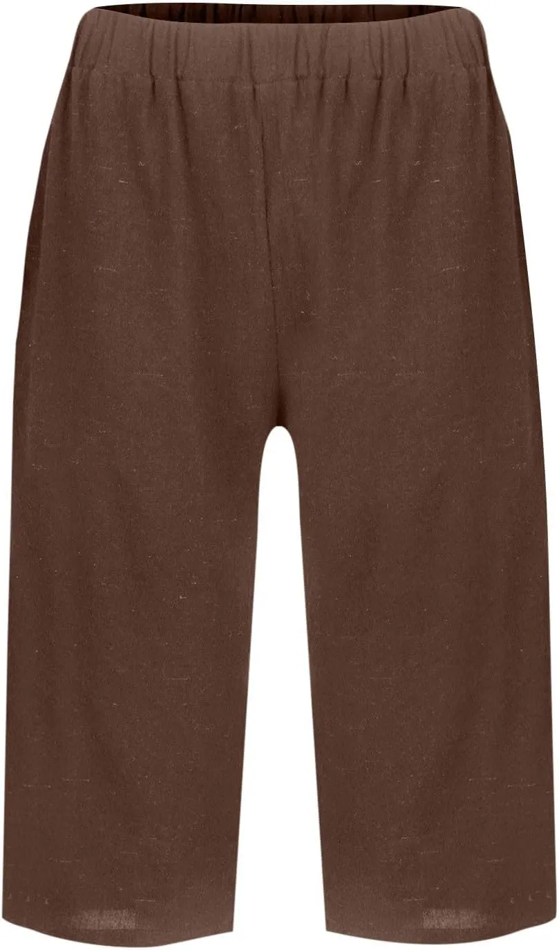 Women's Bermuda Shorts Cotton Linen Knee Length Shorts Casual Loose Lightweight Summer Beach Pants with Pockets