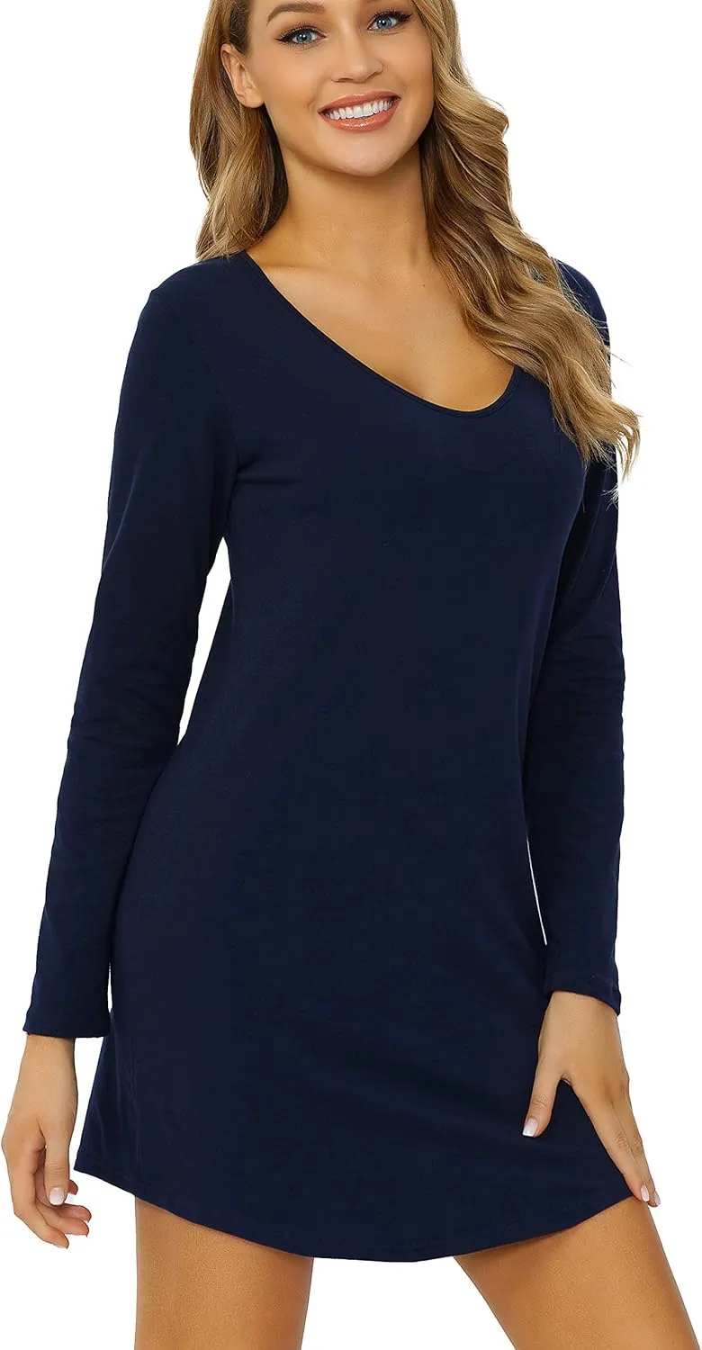 Women's Black Long Sleeve Tee Shirt V Neck Cotton Sleepwear Nightgowns