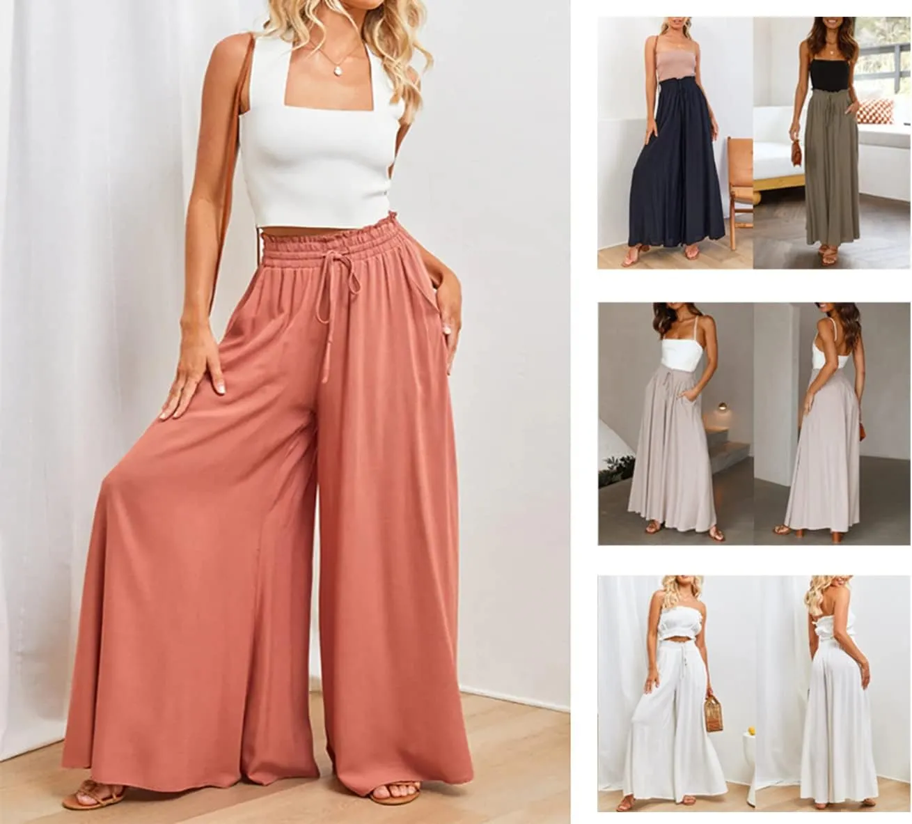 Women's Boho Casual Wide Leg Flowy Pants Elastic High Waist Loose Comfy Yoga Athletic Lounge Trousers with Pockets