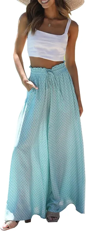 Women's Boho Casual Wide Leg Flowy Pants Elastic High Waist Loose Comfy Yoga Athletic Lounge Trousers with Pockets