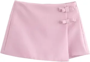 Women's Bow Solid Color A-Line Skort Women High Waist Mini Skirt Asymmetric Culottes