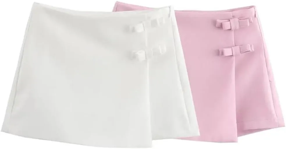 Women's Bow Solid Color A-Line Skort Women High Waist Mini Skirt Asymmetric Culottes