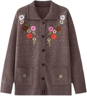Women's Button Down Cardigan Sweaters Flower Embroidery Slim Thin Grandma Cable Knit Jackets with Pockets