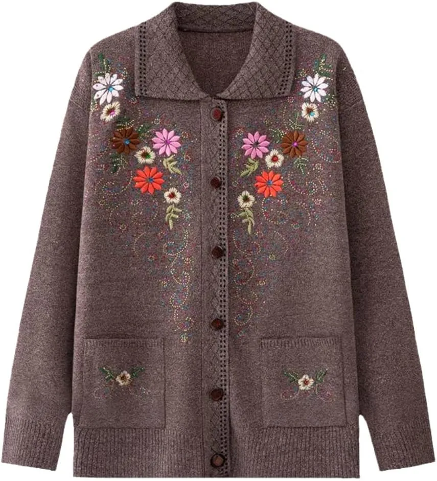 Women's Button Down Cardigan Sweaters Flower Embroidery Slim Thin Grandma Cable Knit Jackets with Pockets