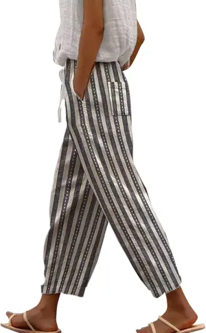 Women's Capris Elastic Cropped Trousers Boho Drawstring Linen Waist Wide-Leg Pants for Travel Beach