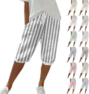 Womens Capris for Summer Cotton Linen Pants Casual Striped Loose Comfy Elastic Waist Cropped Trouser Beach Clothes