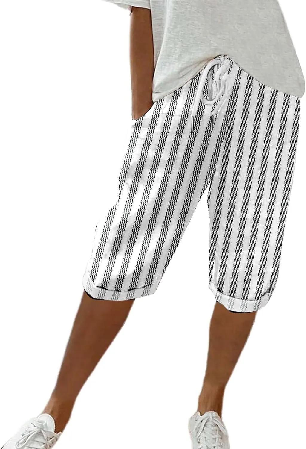 Womens Capris for Summer Cotton Linen Pants Casual Striped Loose Comfy Elastic Waist Cropped Trouser Beach Clothes