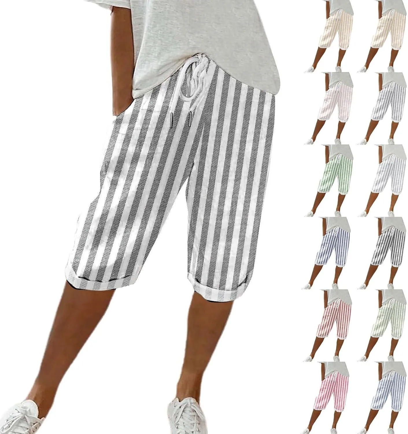 Womens Capris for Summer Cotton Linen Pants Casual Striped Loose Comfy Elastic Waist Cropped Trouser Beach Clothes