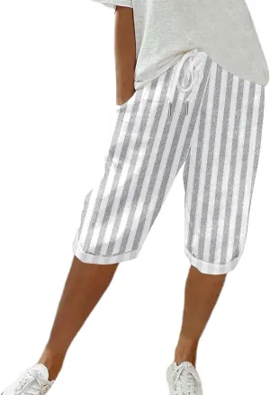Womens Capris for Summer Cotton Linen Pants Casual Striped Loose Comfy Elastic Waist Cropped Trouser Beach Clothes