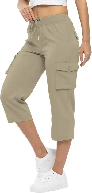 Womens Cargo Capris Pants Summer Casual Drawstring Low Waisted Hiking Jogger Outdoor Athletic 3/4 Trousers Pockets