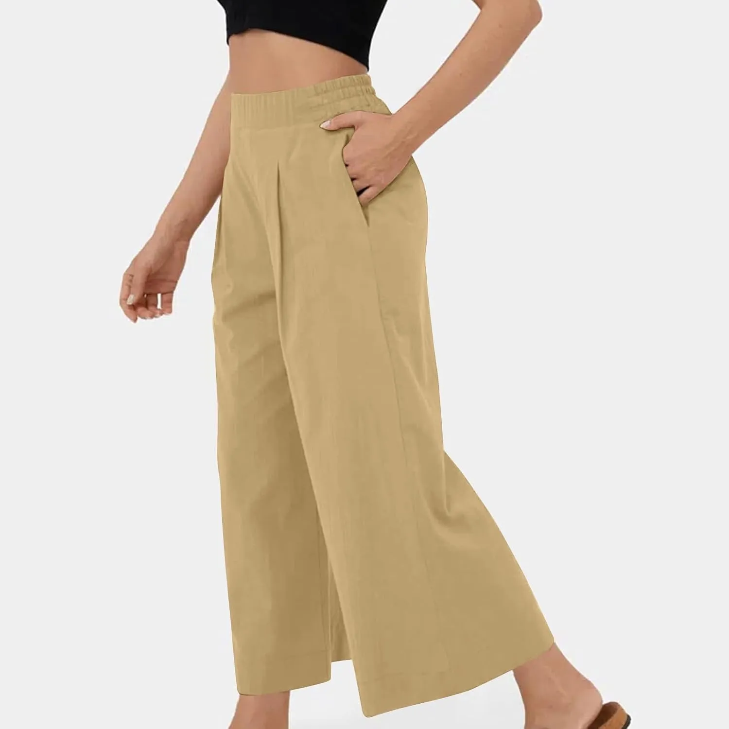 Women's Casual Linen Palazzo Dress Pants High Waisted Wide Leg Beach Trousers Office Work Suit Pants Summer Culottes