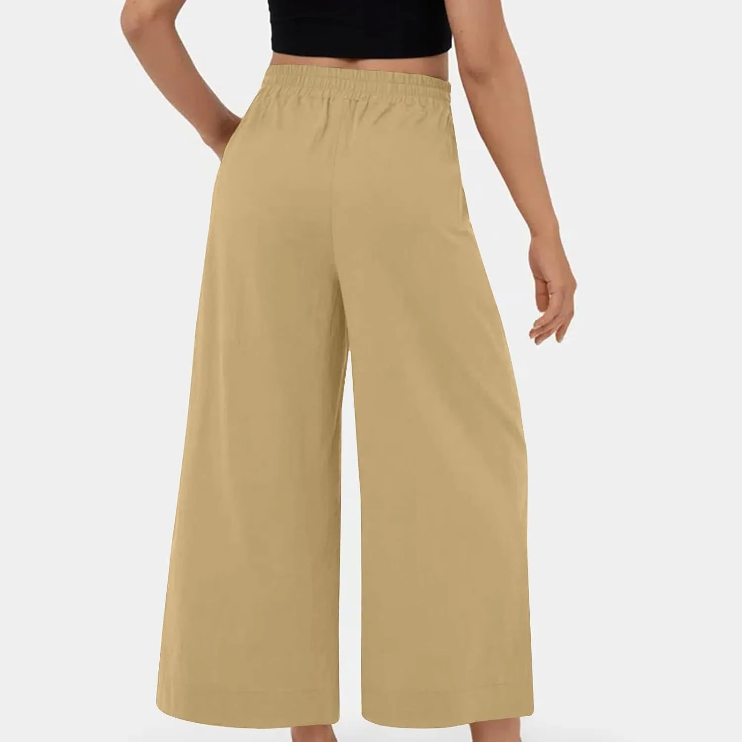 Women's Casual Linen Palazzo Dress Pants High Waisted Wide Leg Beach Trousers Office Work Suit Pants Summer Culottes