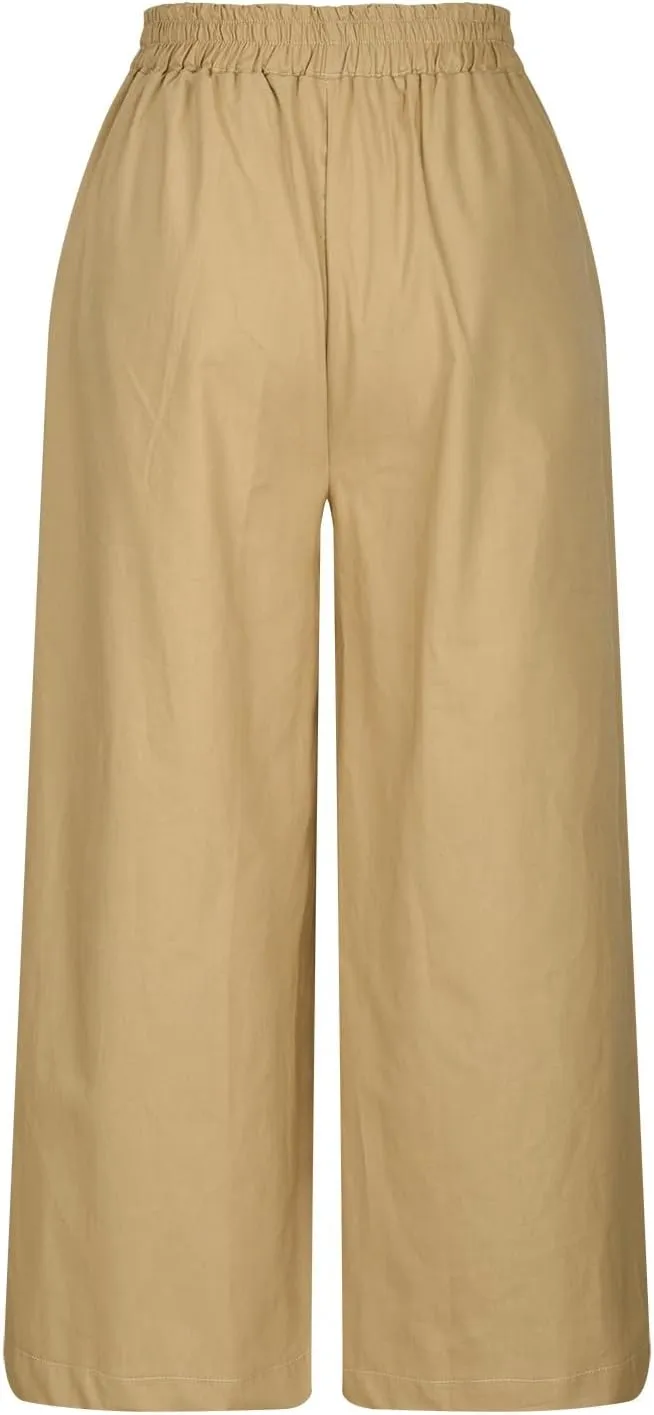 Women's Casual Linen Palazzo Dress Pants High Waisted Wide Leg Beach Trousers Office Work Suit Pants Summer Culottes