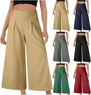 Women's Casual Linen Palazzo Dress Pants High Waisted Wide Leg Beach Trousers Office Work Suit Pants Summer Culottes