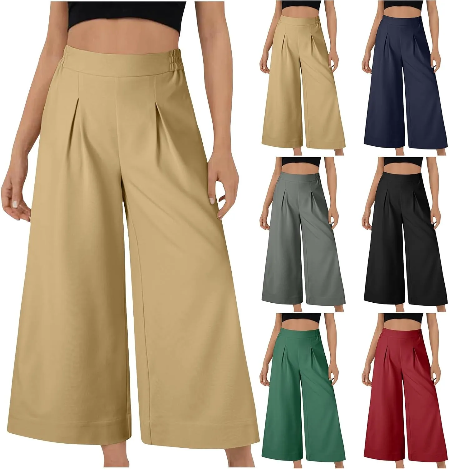 Women's Casual Linen Palazzo Dress Pants High Waisted Wide Leg Beach Trousers Office Work Suit Pants Summer Culottes