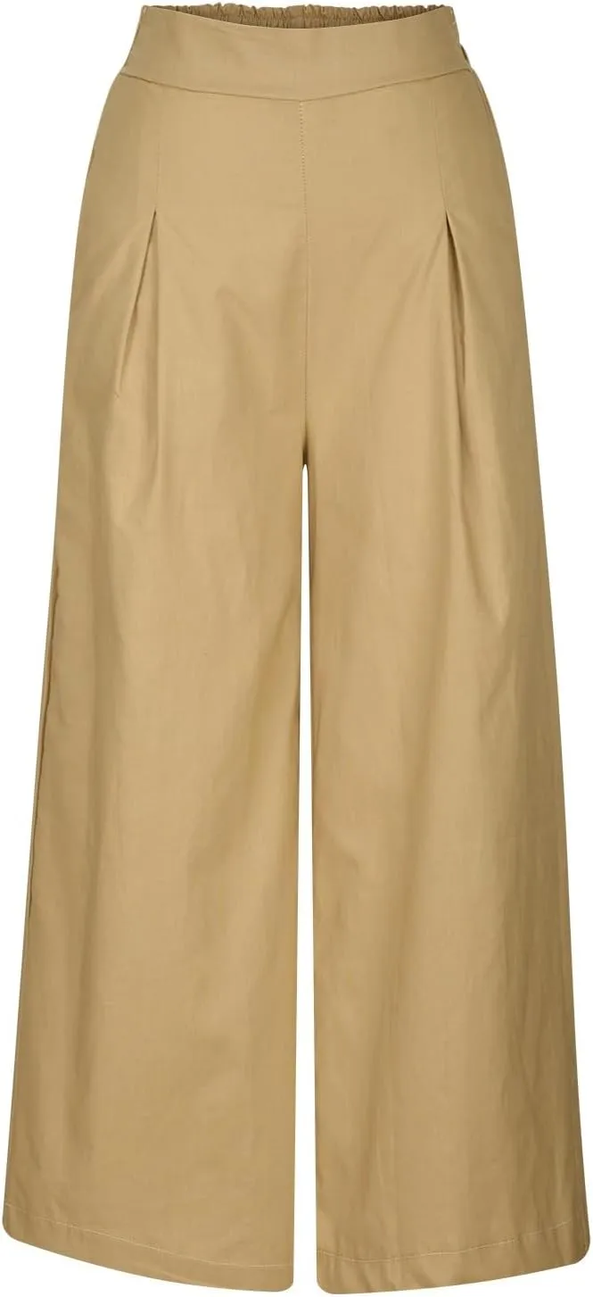 Women's Casual Linen Palazzo Dress Pants High Waisted Wide Leg Beach Trousers Office Work Suit Pants Summer Culottes