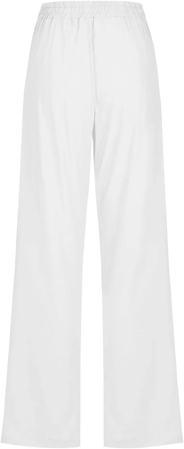 Womens Casual Linen Pants Drawstring Elastic High Waist Trousers Loose Comfy Lounge Pants with Pockets