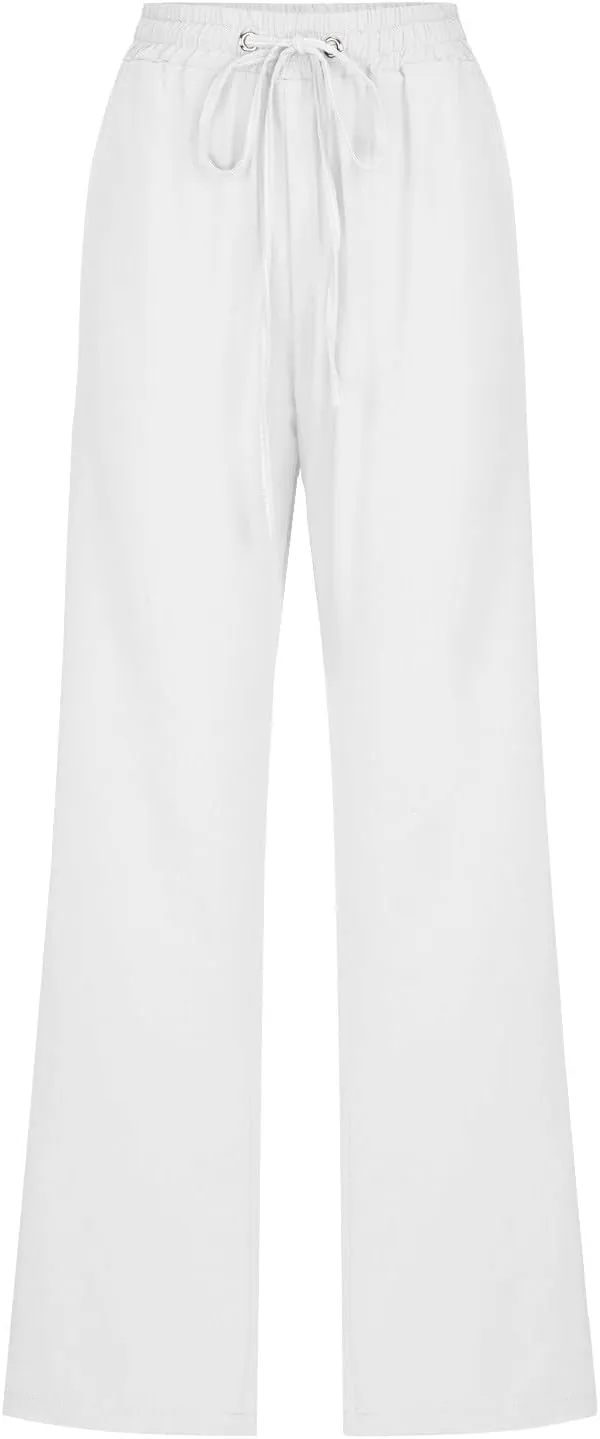 Womens Casual Linen Pants Drawstring Elastic High Waist Trousers Loose Comfy Lounge Pants with Pockets