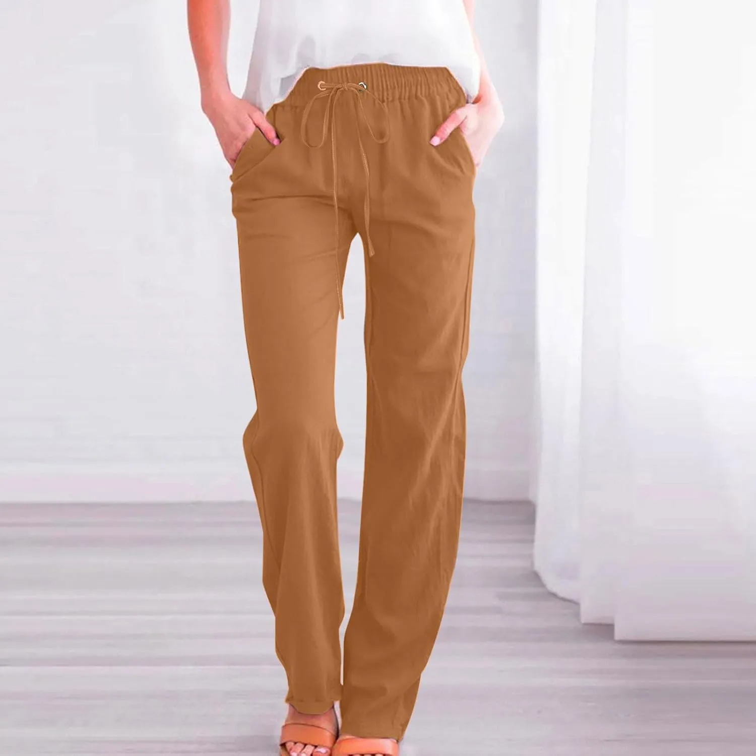 Womens Casual Linen Pants Drawstring Elastic High Waist Trousers Loose Comfy Lounge Pants with Pockets