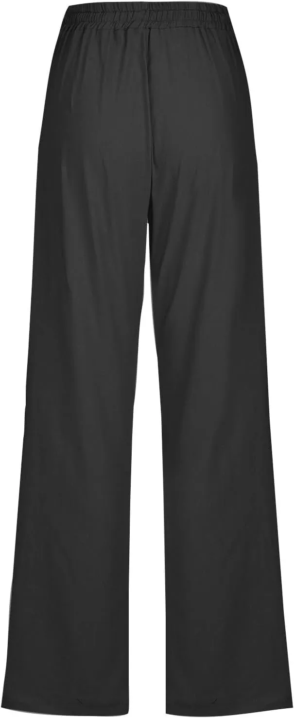 Womens Casual Linen Pants Drawstring Elastic High Waist Trousers Loose Comfy Lounge Pants with Pockets