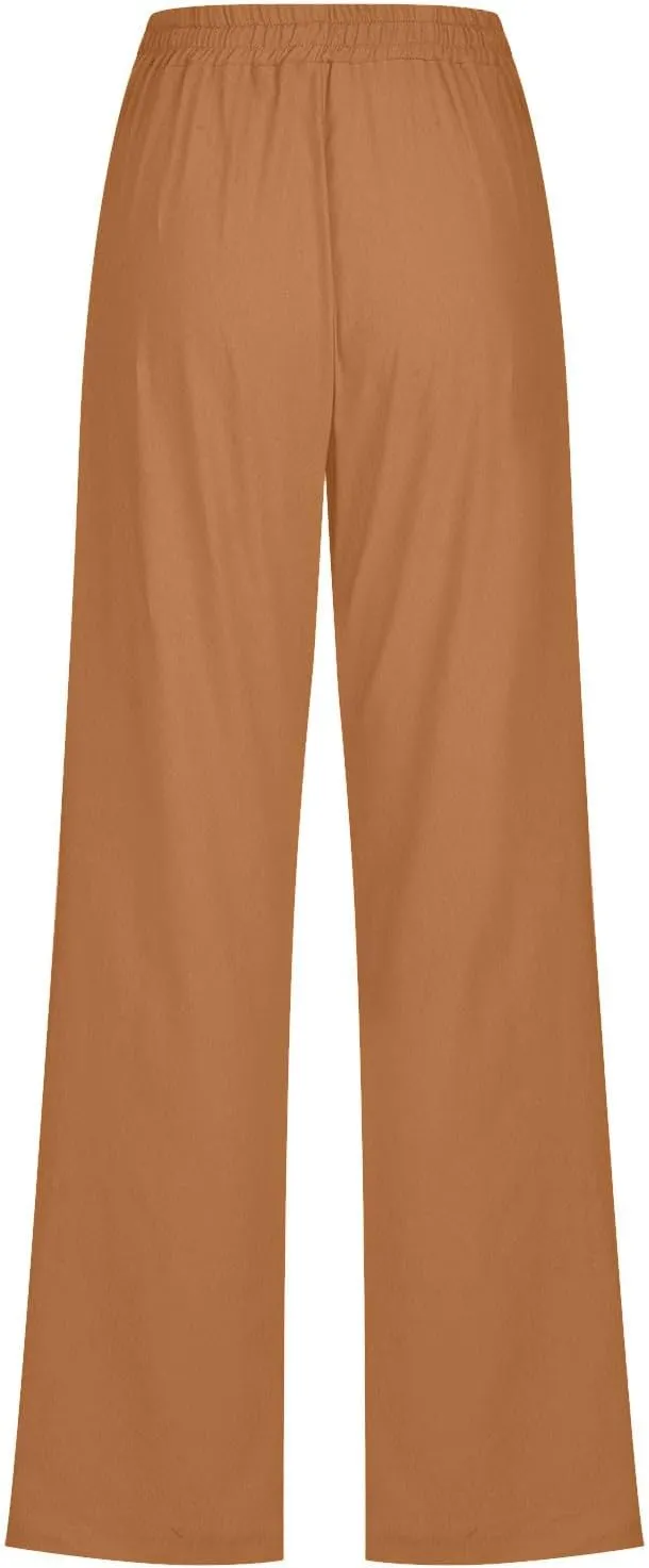 Womens Casual Linen Pants Drawstring Elastic High Waist Trousers Loose Comfy Lounge Pants with Pockets