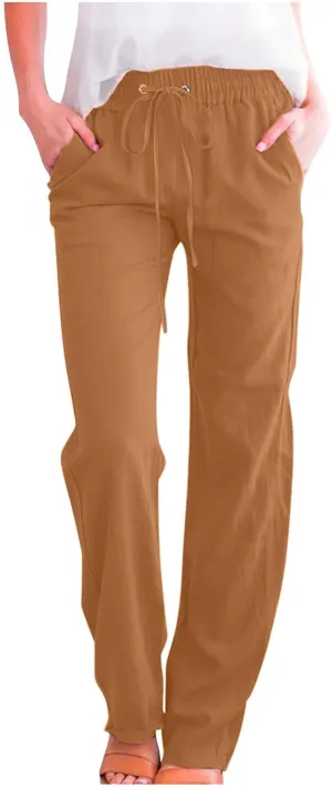 Womens Casual Linen Pants Drawstring Elastic High Waist Trousers Loose Comfy Lounge Pants with Pockets