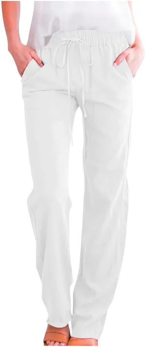 Womens Casual Linen Pants Drawstring Elastic High Waist Trousers Loose Comfy Lounge Pants with Pockets