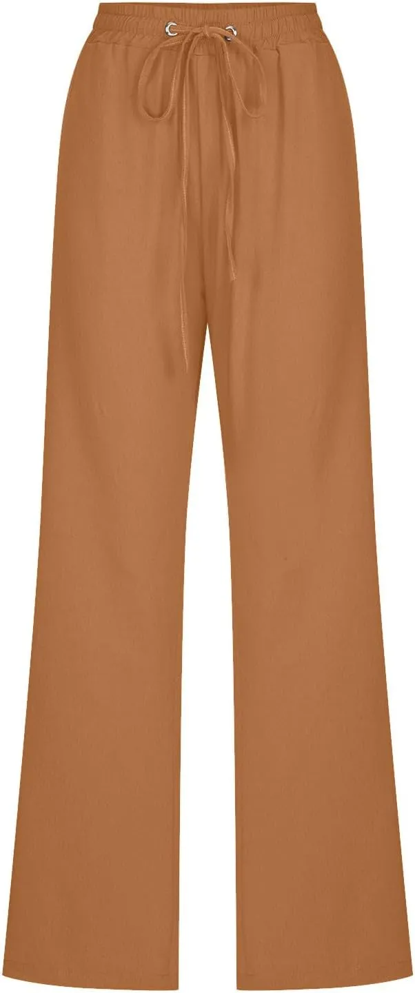 Womens Casual Linen Pants Drawstring Elastic High Waist Trousers Loose Comfy Lounge Pants with Pockets