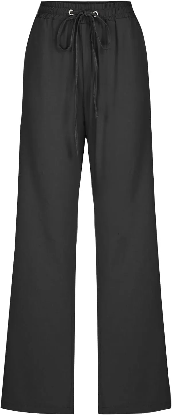 Womens Casual Linen Pants Drawstring Elastic High Waist Trousers Loose Comfy Lounge Pants with Pockets