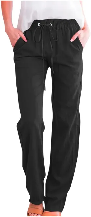 Womens Casual Linen Pants Drawstring Elastic High Waist Trousers Loose Comfy Lounge Pants with Pockets