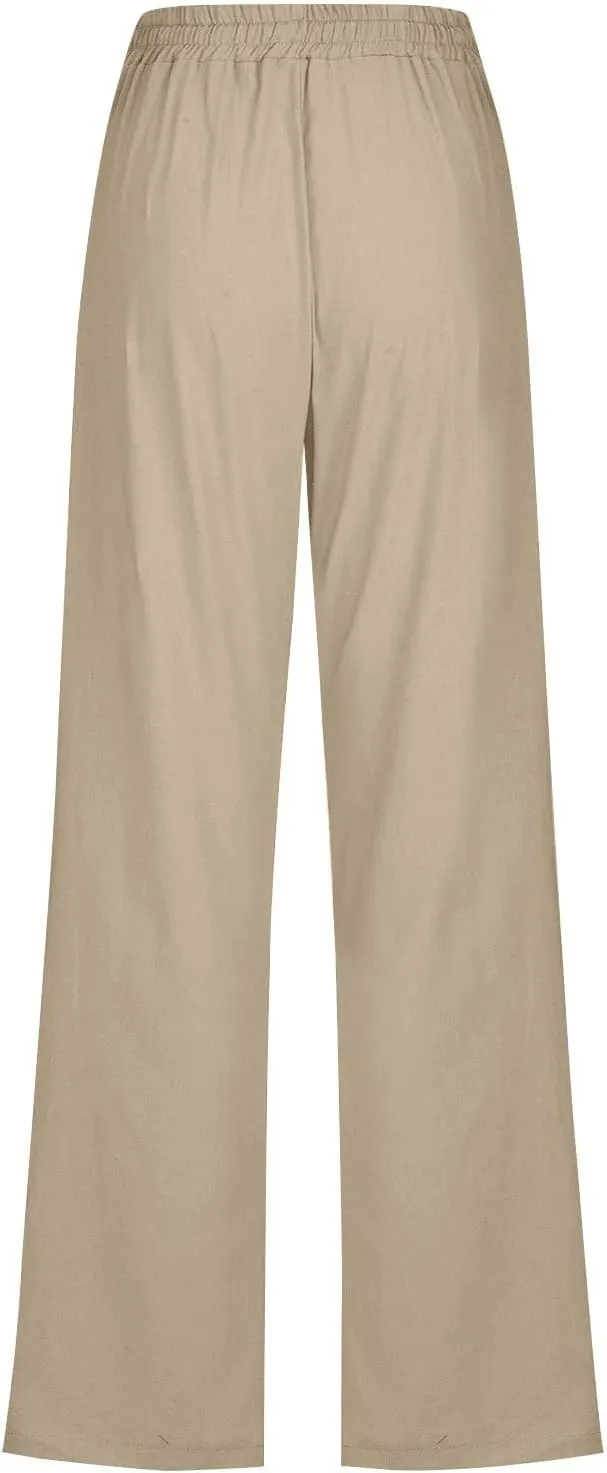 Womens Casual Linen Pants High Waist Drawstring Loose Fit Trousers with Pockets Beach Vacation Clothes for Women