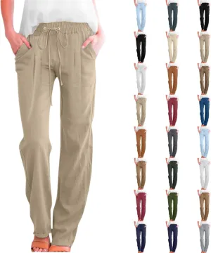 Womens Casual Linen Pants High Waist Drawstring Loose Fit Trousers with Pockets Beach Vacation Clothes for Women