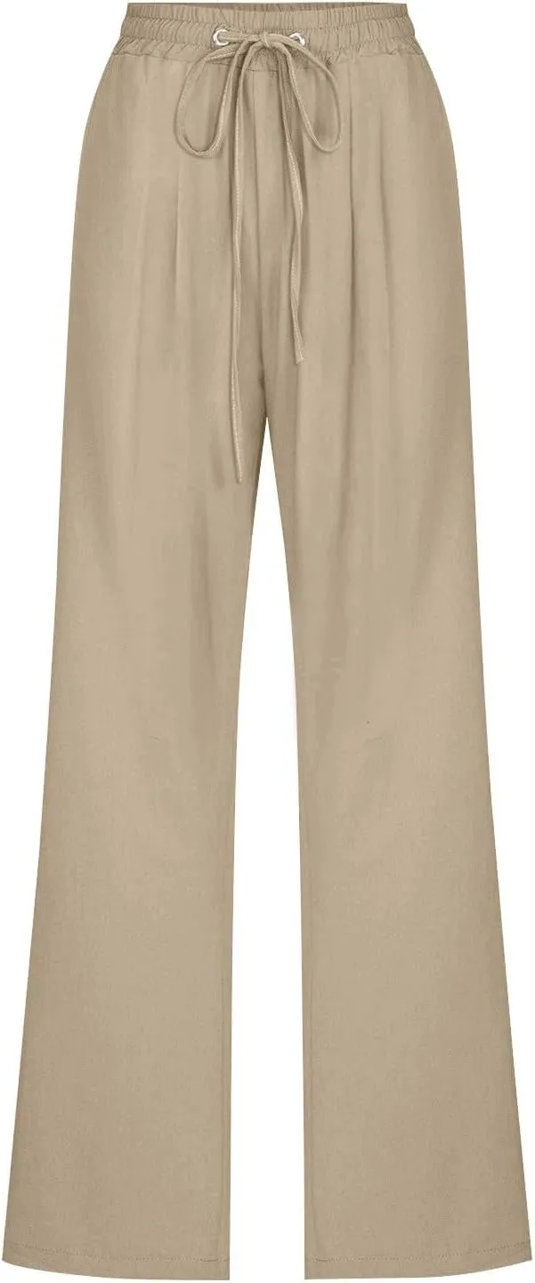 Womens Casual Linen Pants High Waist Drawstring Loose Fit Trousers with Pockets Beach Vacation Clothes for Women