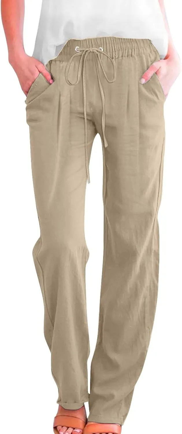 Womens Casual Linen Pants High Waist Drawstring Loose Fit Trousers with Pockets Beach Vacation Clothes for Women