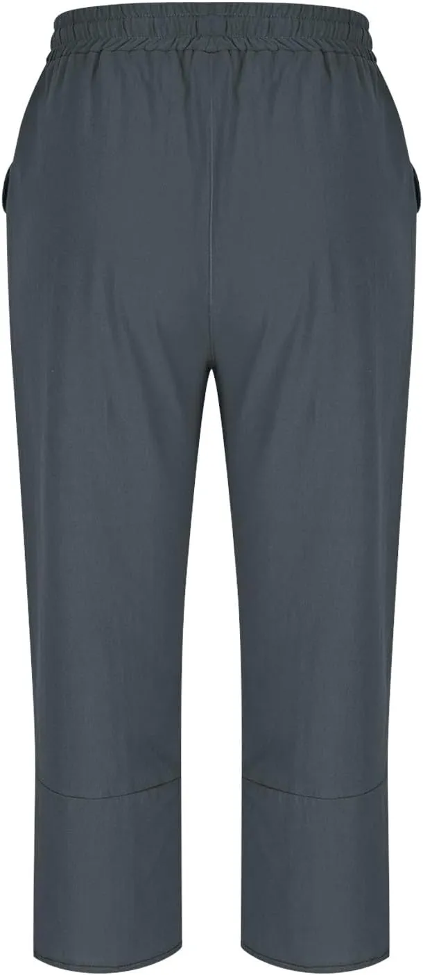 Women's Casual Linen Pants Straight Leg Summer Capris Pants Drawstring Waist Cropped Trousers Loose Comfy Beach Pants
