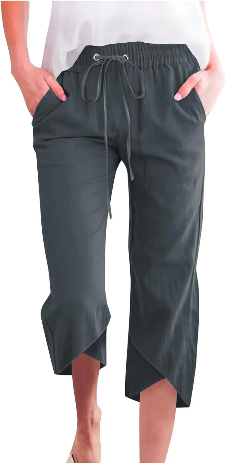 Women's Casual Linen Pants Straight Leg Summer Capris Pants Drawstring Waist Cropped Trousers Loose Comfy Beach Pants