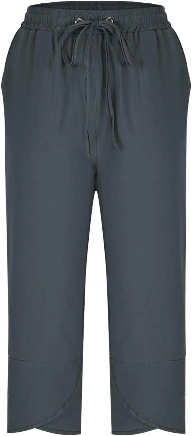 Women's Casual Linen Pants Straight Leg Summer Capris Pants Drawstring Waist Cropped Trousers Loose Comfy Beach Pants