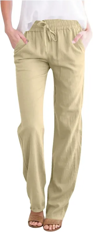 Womens Casual Linen Trousers High Waist Loose Comfy Beach Pants Straight Leg Summer Vacation Pant with Multi Pockets