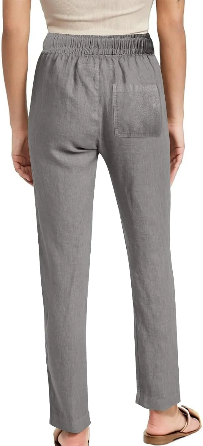 Womens Casual Linen Trousers High Waist Loose Comfy Beach Pants Straight Leg Summer Vacation Pant with Multi Pockets