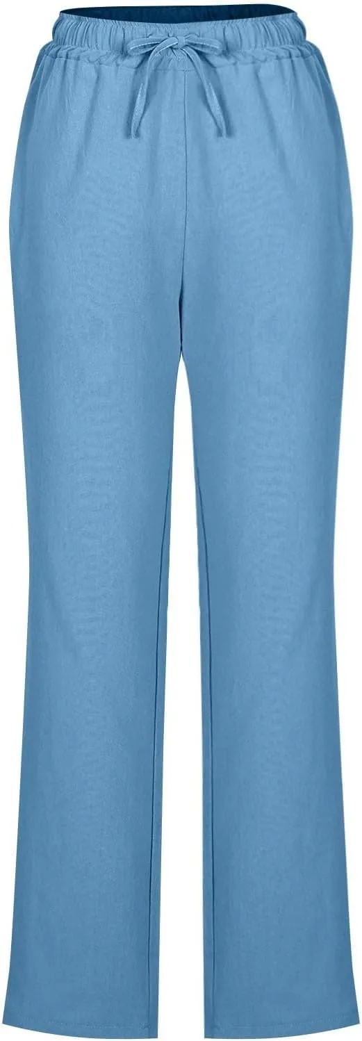 Womens Casual Linen Trousers High Waist Loose Comfy Beach Pants Straight Leg Summer Vacation Pant with Multi Pockets