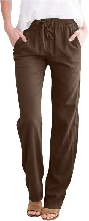 Womens Casual Linen Trousers High Waist Loose Comfy Beach Pants Straight Leg Summer Vacation Pant with Multi Pockets
