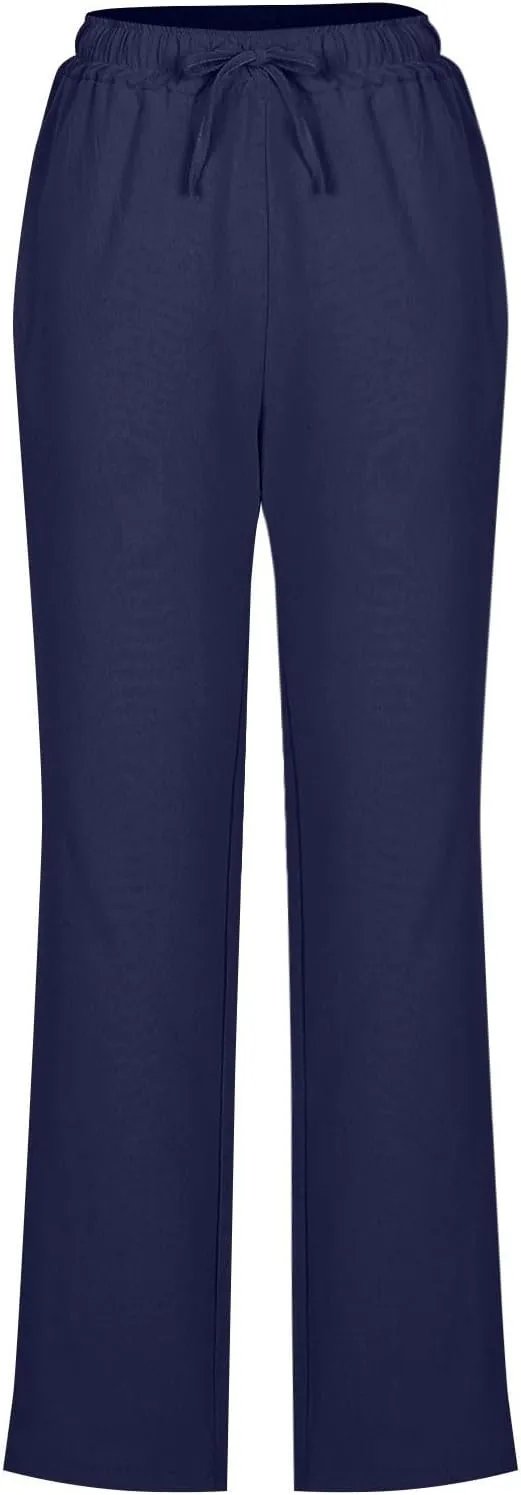 Womens Casual Linen Trousers High Waist Loose Comfy Beach Pants Straight Leg Summer Vacation Pant with Multi Pockets