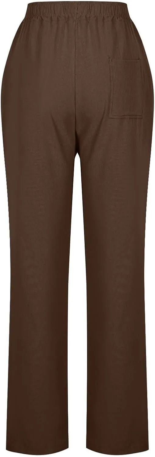Womens Casual Linen Trousers High Waist Loose Comfy Beach Pants Straight Leg Summer Vacation Pant with Multi Pockets